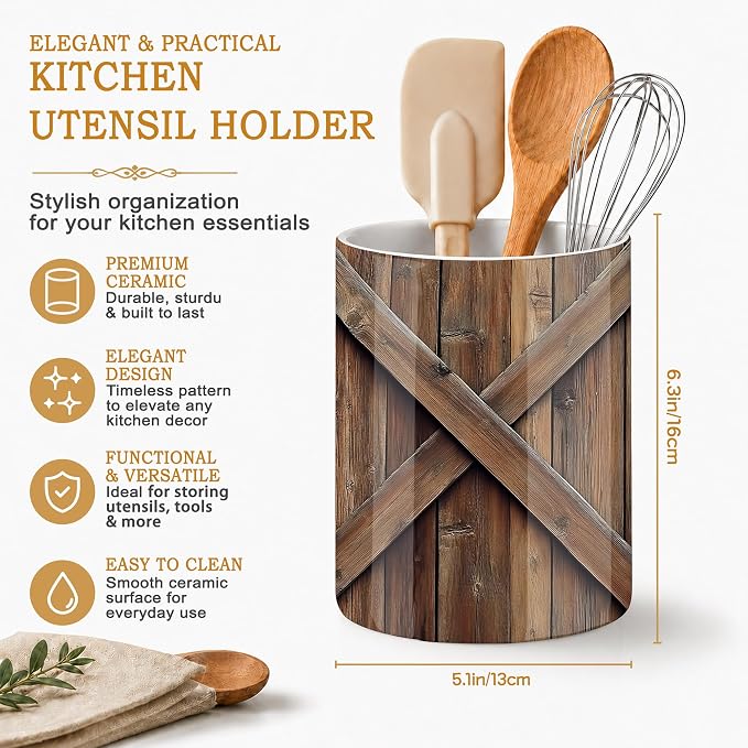 Vintage Barn Door Kitchen Utensil Holder,Wooden Large Ceramic Utensil Crock for Countertop,Cooking Utensil Organizer for Spatulas,Spoons
