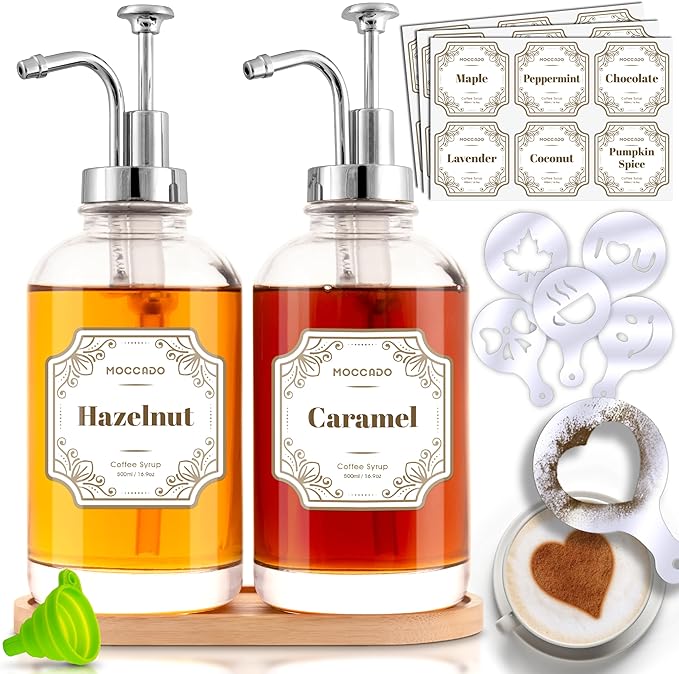 Glass Coffee Syrup Dispenser for Coffee Bar - Set of 2 Silver 500 ml / 16.9 oz Glass Syrup Bottles, Includes Bamboo Tray, 16 Stencils, Labels, Coffee Bar Accessories