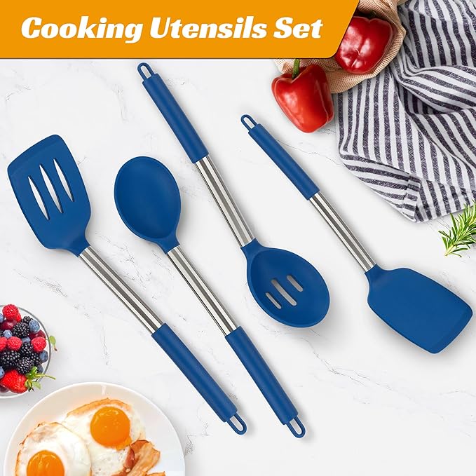 Kitchen Utensils Silicone Cooking Utensils Set for Nonstick Cookware Silicone Cooking Kitchen Utensils Set Perfect for Baking and Mixing Spatula Set BPA Free Dishwasher Safe Blue 4 Pack