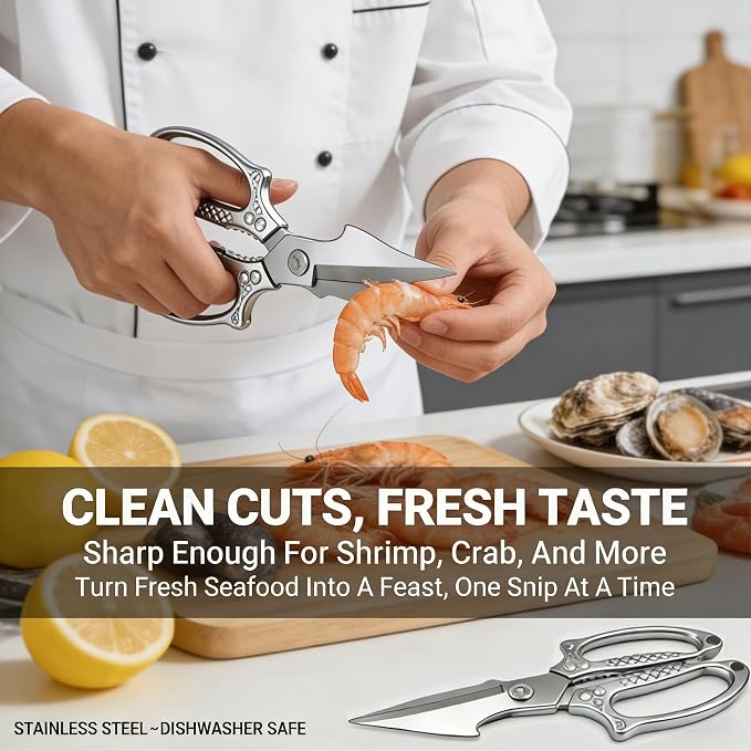 Silver Kitchen Shears Heavy Duty Stainless Steel, Multipurpose Cooking Scissors for Meat, Chicken, Poultry & Vegetables, Sharp Food Scissors for Kitchen Use