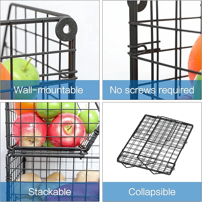 3-Tier Stackable Wire Baskets for Counter, Fruit and Vegetable Storage, Potato and Onion Storage Bin，Kitchen Pantry Organizer - Wall Basket for Produce/Snack/Can, Black