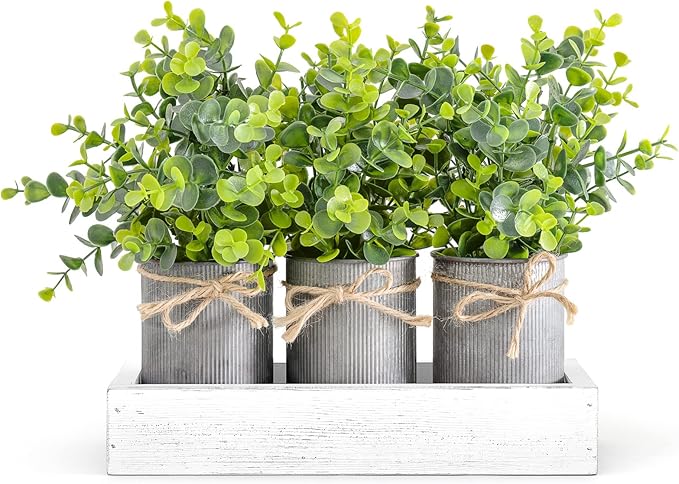 Dahey Decorative Galvanized Metal Pots Centerpiece Decor Wood Tray with Artificial Plant, 3 Buckets with Eucalyptus, Rustic Farmhouse Home Decor for Coffee Table Dining Living Room Kitchen Bath, White