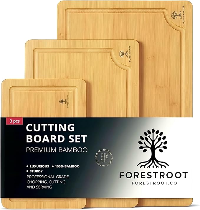 Bamboo Cutting Board Set – 3-Piece Wooden Kitchen Boards for Meal Prep & Serving – Durable Bamboo with Deep Juice Groove & Side Handles – Great for Meat, Vegetables & Charcuterie
