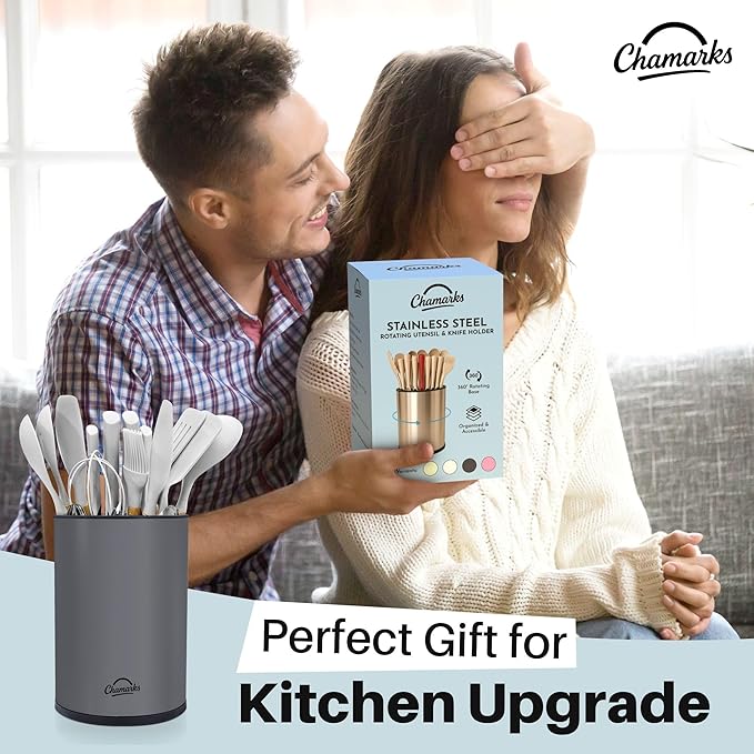 3-in-1 Kitchen Utensil Holder for Countertop with Knife Block and Silverware Caddy. (Gray)