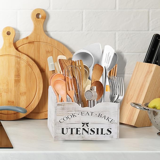 [Upgraded] Extra Large Kitchen Utensil Holder for Countertop with 360° Rotating Base, 6 Compartments, Removable Divider, Wooden Utensil Organizer for Countertop, Farmhouse Kitchen Decor