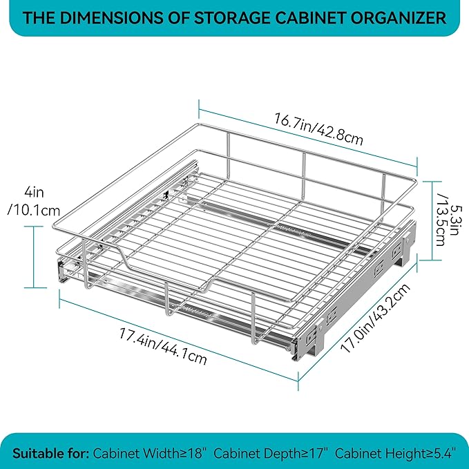 Pull Out Cabinet Organizer 17" W X 17" D, Slide Out Drawers For Kitchen Organizers and Storage, Pull Out Drawers For Cabinets Capacity Heavy Duty Caddy, Cabinet Shelves Chrome-Plated, Bathroom Pantry