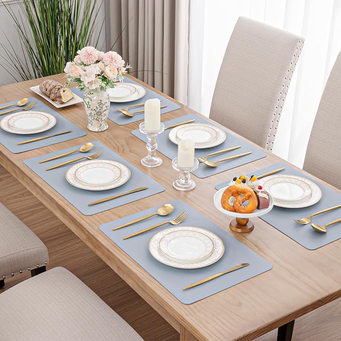 SHACOS Placemats Set of 6 Faux Leather Waterproof Leakproof Wipeable PU Non-Slip Vinyl Place Mats Heat Resistant Table Mats for Kitchen Dining Table Indoor Outdoor, Light Blue