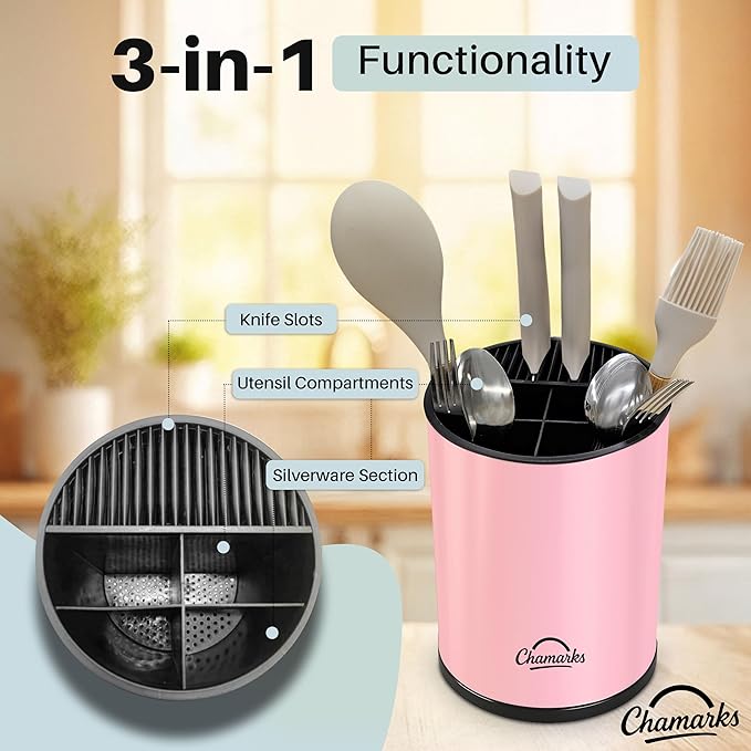 3-in-1 Kitchen Utensil Holder for countertop with Knife Block and Silverware Caddy. (Pink)