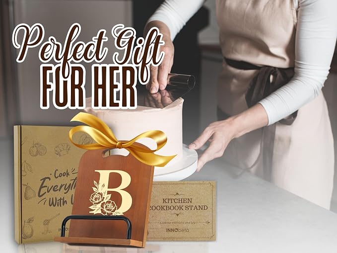 INNObeta Cookbook Stand for Kitchen Counter, Adjustable Tablet Recipe Book Holder, Perfect Gifts for Women, Mom, Grandma on Birthday, Unique Kitchen Decor, Initial B