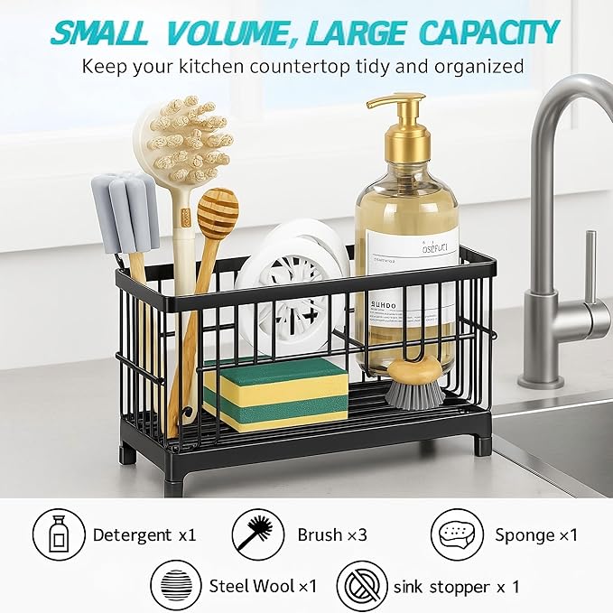 Sponge Holder for Kitchen Sink, 2 Tier Sink Caddy Organizer with Brush Holder, Non-Slip Stainless Steel Kitchen Countertop Organizers and Storage, Soap Dispenser Organize with 360°Drain Tray