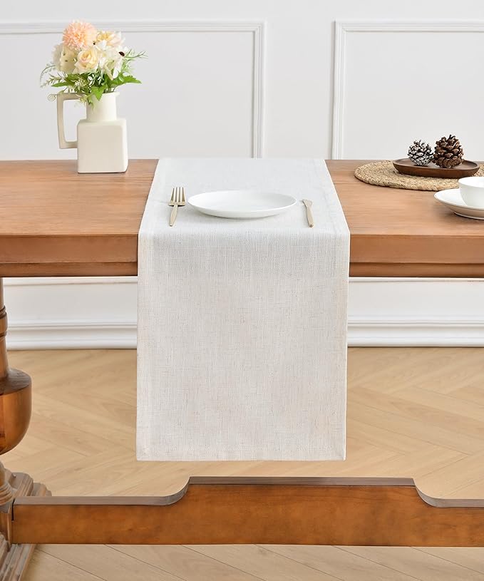 Wracra Linen Style Table Runner, Rustic Farmhouse Off White Table Runners 60 Inches Long, Handcrafted Table Runner for Fall, Winter - Everyday Use and Machine Washable