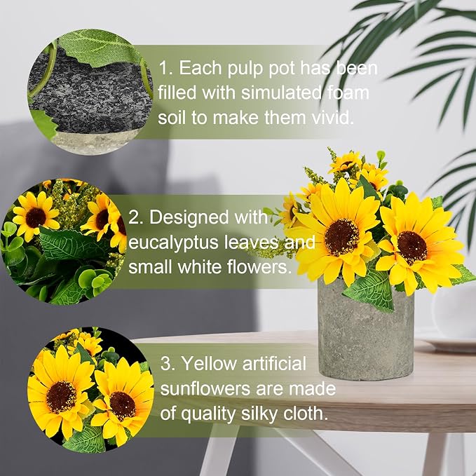 3 Potted Artificial Plants Flowers for Home Decor Indoor, Centerpiece Table Decorations for Dining Room and Coffee Table, Yellow