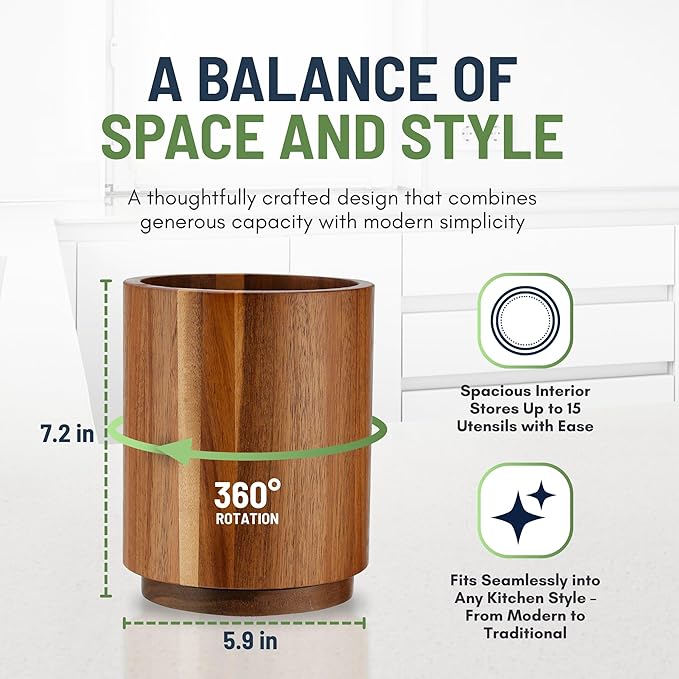 Linda's Essentials Acacia Wooden Utensil Holder for Kitchen Counter, 7.2" Wood Utensil Holder Counter, Kitchen Utensils Holder with 360° Rotation, Non-Slip Large Utensils Holders, Spatula Holders