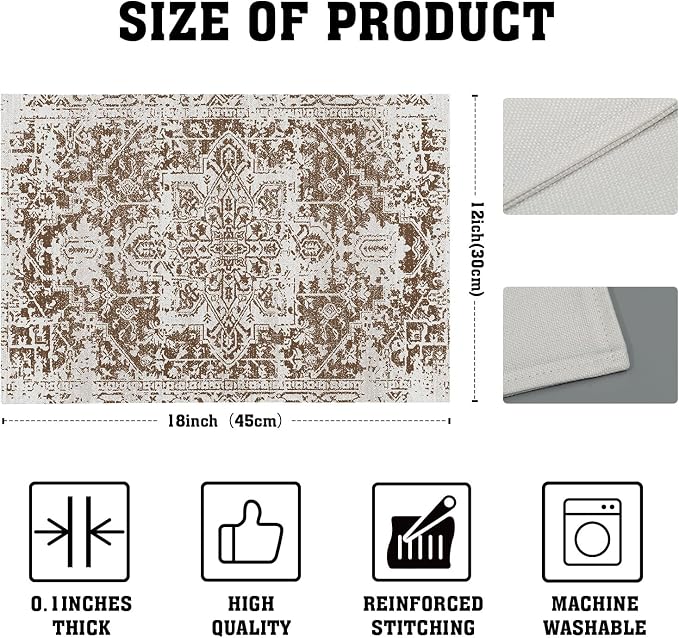 Gray Brown Boho Placemats Set of 6 Ethnic Bohemian Carpet Place Mats Washable Kitchen Dining Vintage Grey Geography Floral Linen Table Mats Stain Heat-Resistant for Home Party Indoor 12x18 in