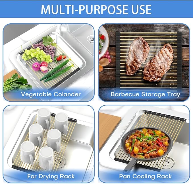 Expandable Roll Up Dish Drying Rack, Adjustable Large Over The Sink Rack Draining Rack (Max Extends to 21.25”) for Stainless Steel Sink Rack, Collapsible Rolling Up Rack 18 Tube for Kitchen, Gold