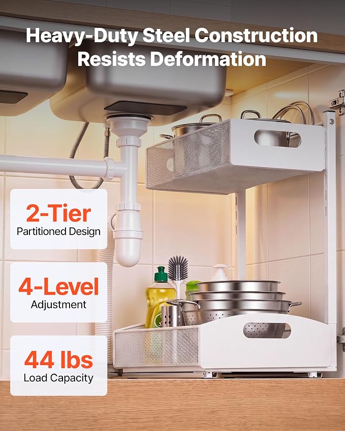 VEVOR Under Sink Organizer, 2 Pack 2-Tier Pull Out Cabinet Organizer with 4-Level Height Adjustment, Metal Slide Out Shelf, Multi-Purpose Cabinet Organizers and Storage for Bathroom & Kitchen, White