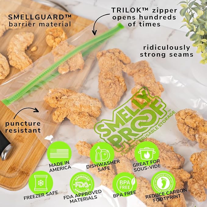 SMELLY PROOF Bulk XXL Reusable Food Storage Bags, Reusable Freezer Bags, Reusable Bag for Tools, Craft, Clothing Storage, Made in US, Dishwasher-Safe, BPA FREE, NO PEVA, 2-Gallon - 12" x 16” - 50-Pk