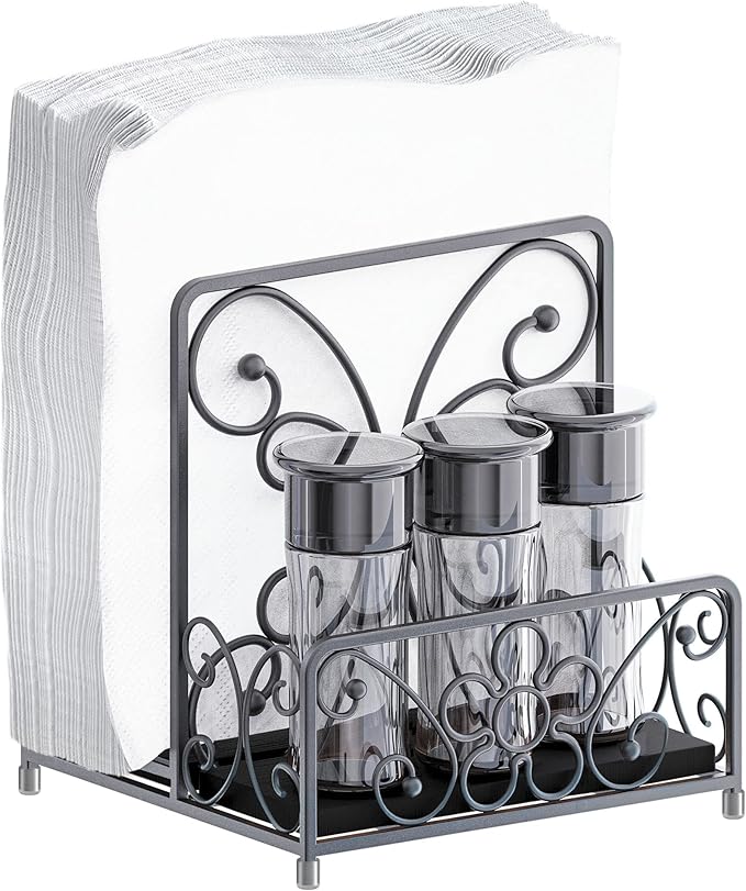 Napkin Holder – Metal Napkin Storage with Salt and Pepper Caddy (Shakers Not Included), Modern Napkin Dispenser for Table or Kitchen Countertop, Servilletero for Farmhouse Décor