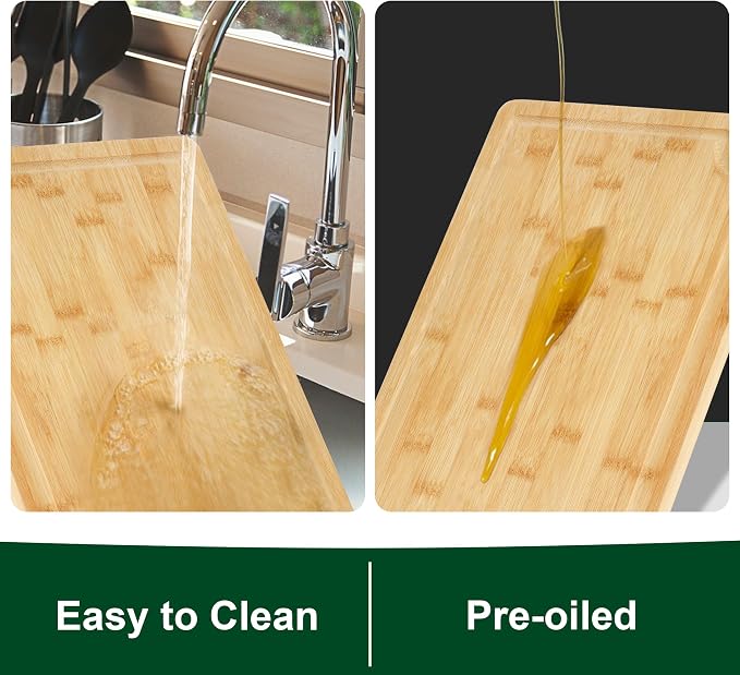 3PCS Bamboo Cutting Board Set - Durable Wooden Cutting Boards with Deep Juice Grooves & Built-in Handles & Hanging Holes, Ideal for Chopping Meat, Vegetables, Dishwasher Safe