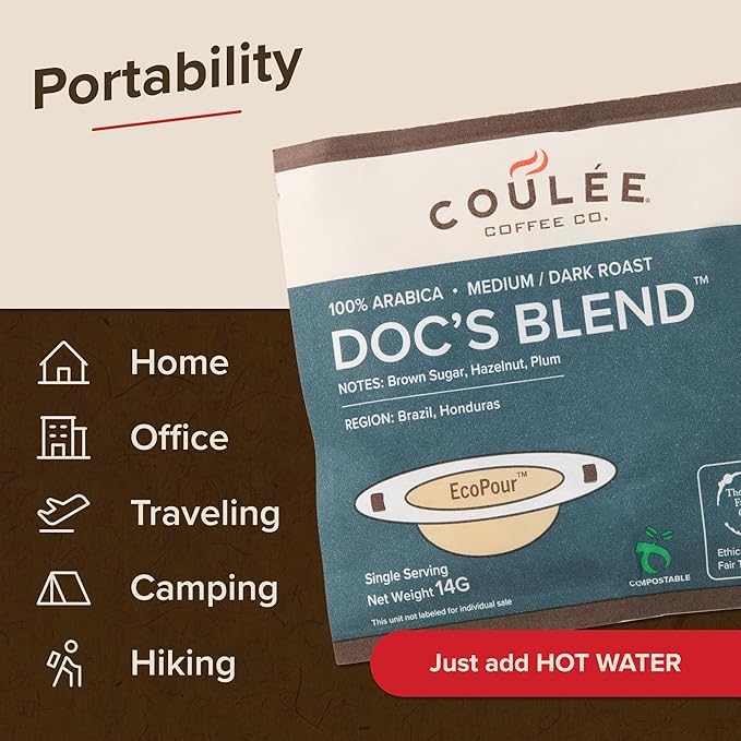 EcoPour Doc's Blend Coffee, Single Serve Pour Over Arabic Coffee, Dark Roast, Use for Camping or Traveling, Pre Filled Compostable, All Paper Filters, Ready to Brew with Hot Water, 20 Pack