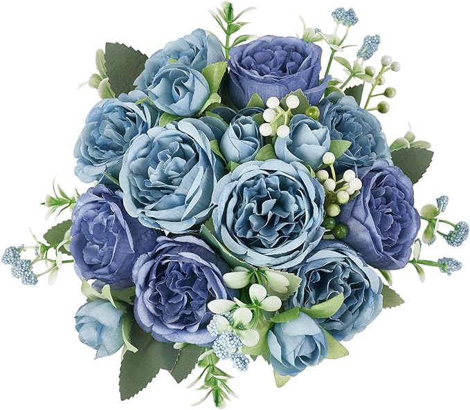 Mkono Peonies Artificial Flowers, Small Silk Flowers for Home Decor Indoor Fake Bouquet Faux Floral Arrangements Dining Table Centerpieces for Kitchen Party Decor Blue