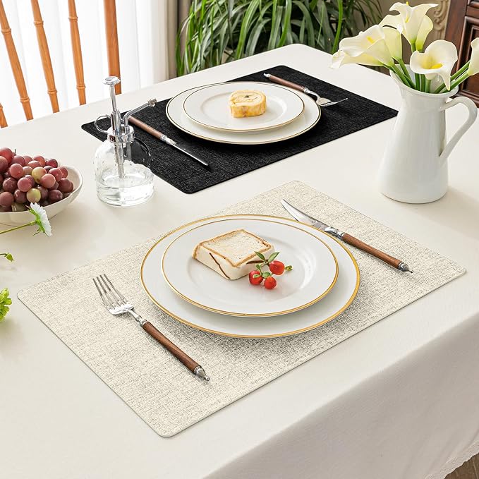 Romanstile Vinyl Placemats Set of 4, Reversible Faux Leather Heat Resistant Wipeable Table Mats, Waterproof Washable Non-Slip Table Placemats for Dining/Kitchen/Party/Outdoor (Black Beige, 12" x 17")