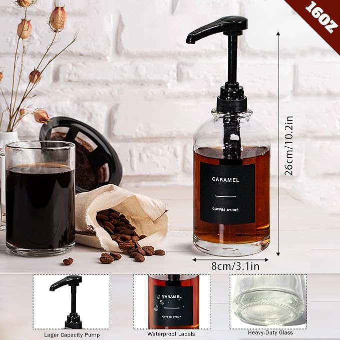 Coffee Syrup Dispenser for Coffee Bar, Glass Syrup Bottle with 1/4 oz Large Capacity Pump, Syrup Pump Dispenser with Pump for Coffee Station, Black,16.9oz, Set of 4