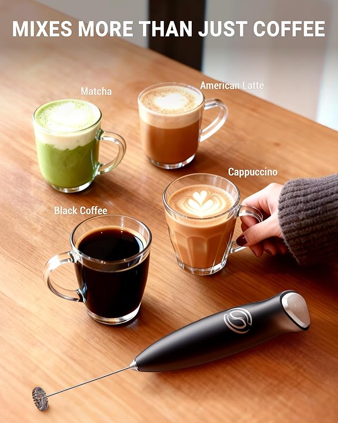 Milk Frother Handheld Frother Wand Drink Mixer Handheld Coffee Stirrers Electric Frother for Coffee Mixer Wand with 2 Whisk frother for protein powder coffee frother handheld -Black