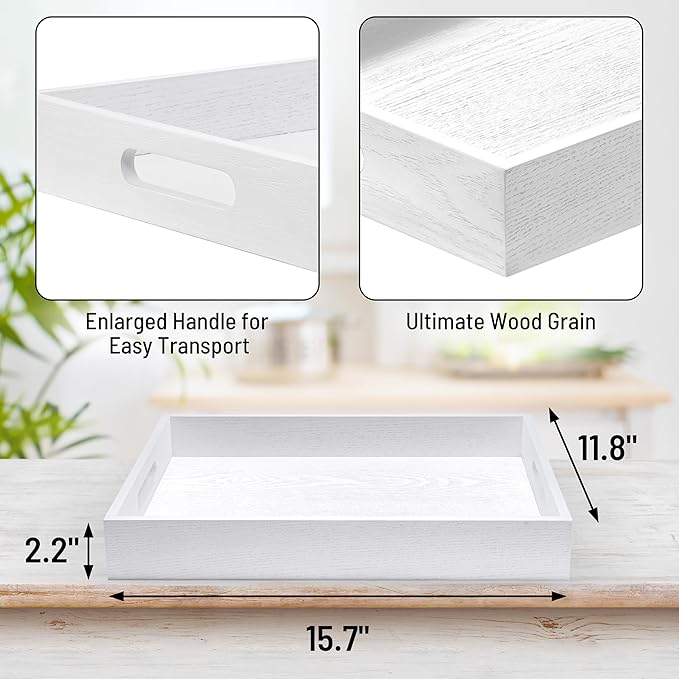 ATZYmolin Wood Serving Tray with Handles, Home Decorative Wooden Rectangle Ottoman Decor Platter Vanity Tray for Breakfast Dinner Drinks Kitchen Dining Living Bathroom Restaurants White