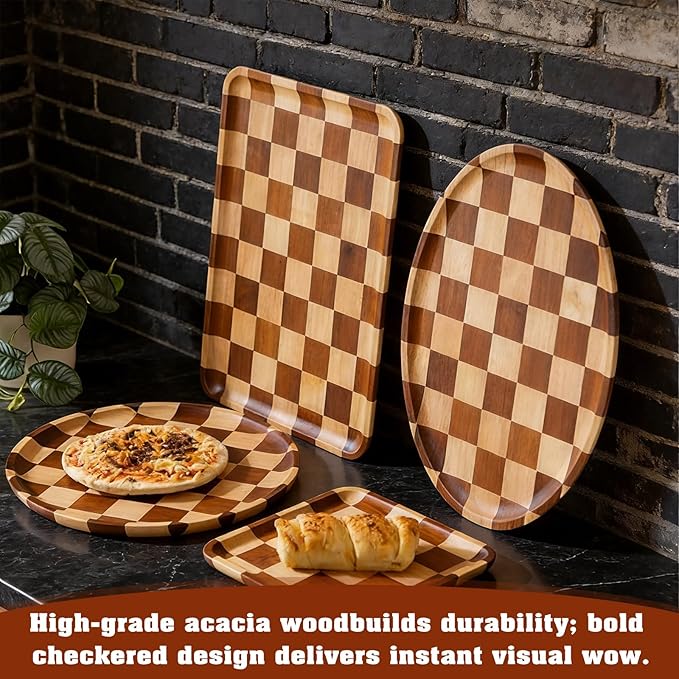 Threehoney Medium Acacia Wood Checkered Serving Tray 11.8" x 7.9" x 0.7" Rectangular Decorative Wooden Tray Wood Modern Serving Platter Kitchen Gift for Food Snack Coffee Table Decor