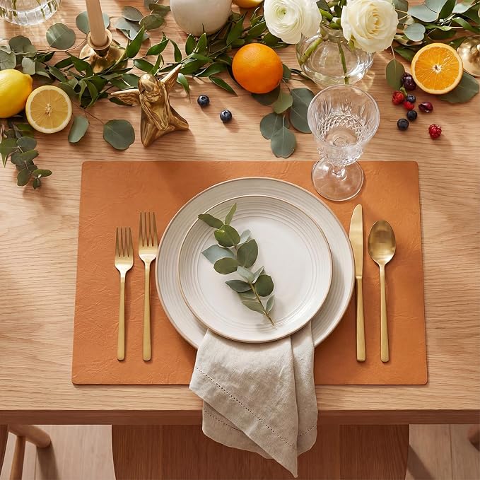 Artoid Mode Rust Faux Leather Placemats Set of 6, 12x18 Inch Waterproof Wipeable Heat Resistant Vinyl Place Mats, Reversible Table Mats for Fall Kitchen Dining Decor
