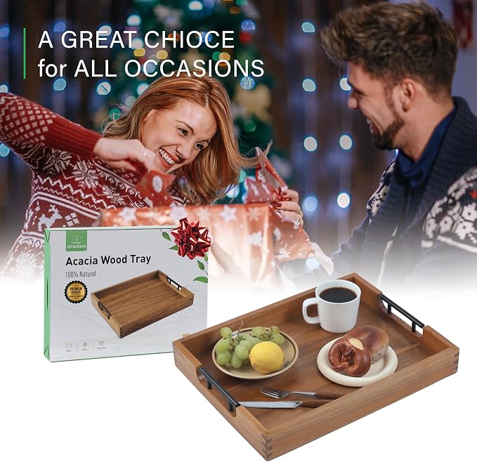 Joy&Grace Ottoman Tray for Living Room, Large Acacia Wooden Serving Tray with Handles for Coffee Table, Breakfast in Bed, Food Dinner, Decorative Tray (Color Natural, 16.7" x 12.8" x 2")