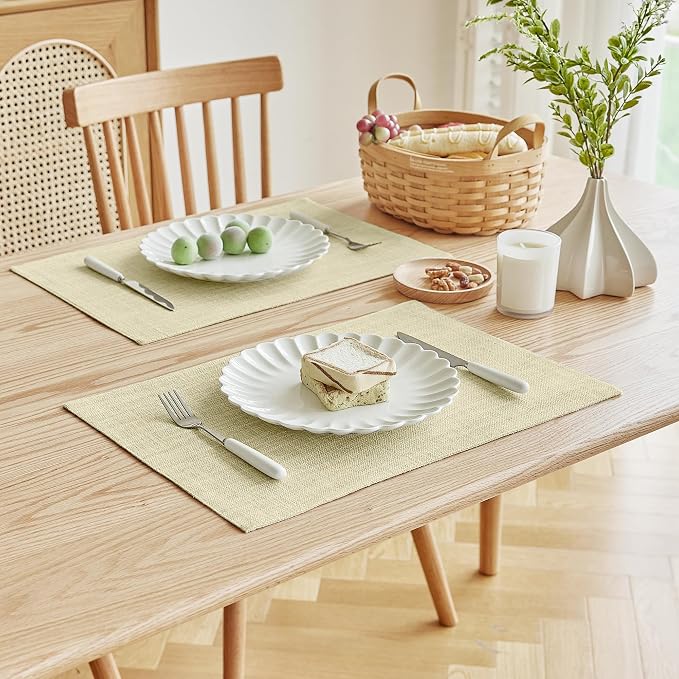 Softalker Faux Linen Placemats Set of 4-12 x 18 Inch, Heat Resistant Double Layered Durable Burlap Farmhouse Place Mats, Non-Slip Washable Rustic Table Mats for Dining, Kitchen, Party（Light Linen