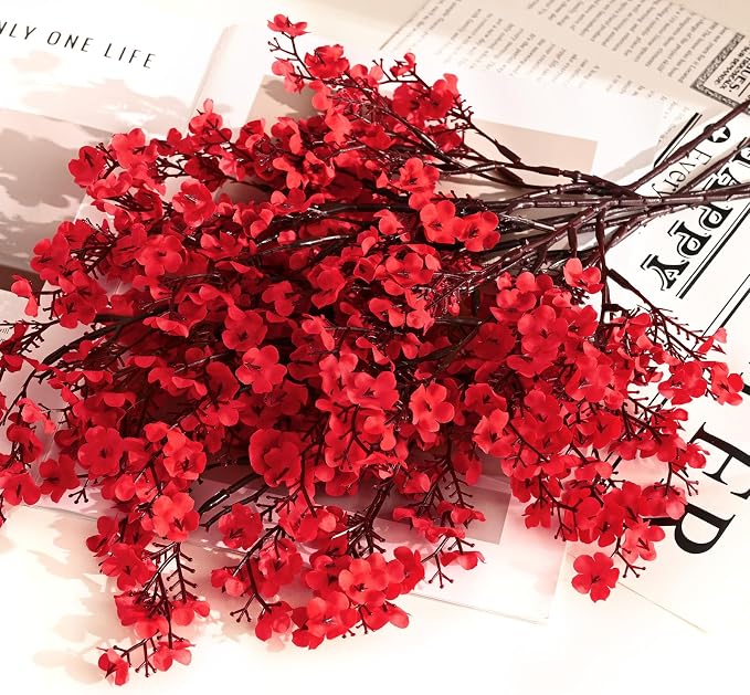 Waipfaru Red Fake Flowers, 15 Pcs Babys Breath Artificial Flowers, Real Touch Silk Flowers Fall Stems for Spring Summer Fall Thanksgiving Christmas Decor Floral Arrangement