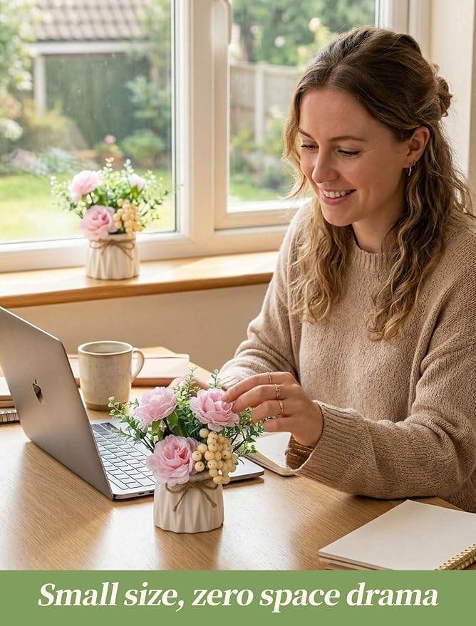 BLOSMON Table Decor Artificial Flowers Vase 7 Inch Small Fake Pink Flower Arrangement 2pcs for Tables Centerpieces Kitchen Dining Room Decorations Faux Flower in Vase Coffee Table Silk Roses