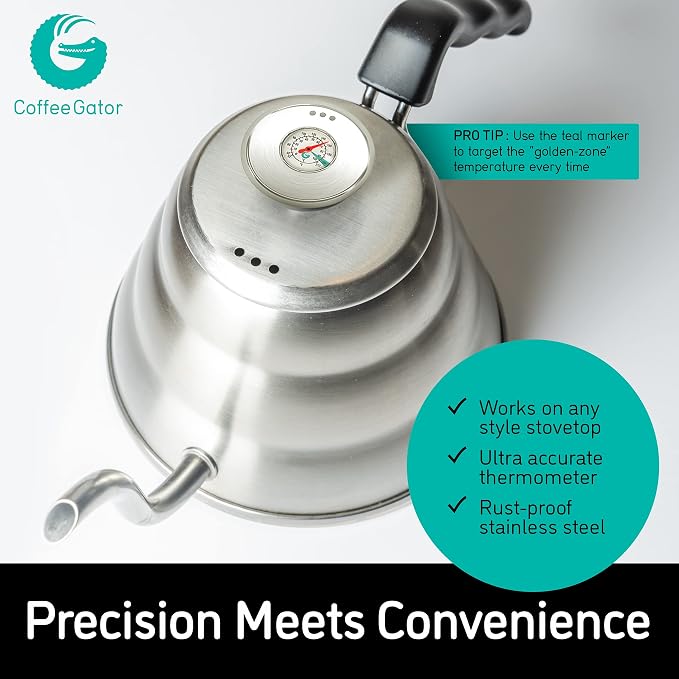 Coffee Gator Gooseneck Kettle with Thermometer - 40oz Premium Stainless Steel Pour Over Coffee Maker Kettles, Stove Top, w/Precision Drip Spout, for Drip Coffee, French Press, Tea Kettle, 5 Cup, 1.2L