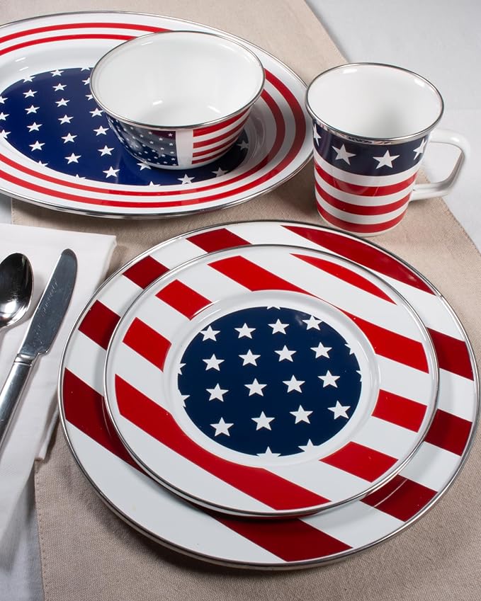 Golden Rabbit Enamelware Latte Coffee or Tea Mugs, 16 ounce, Stars & Stripes, Set of 4