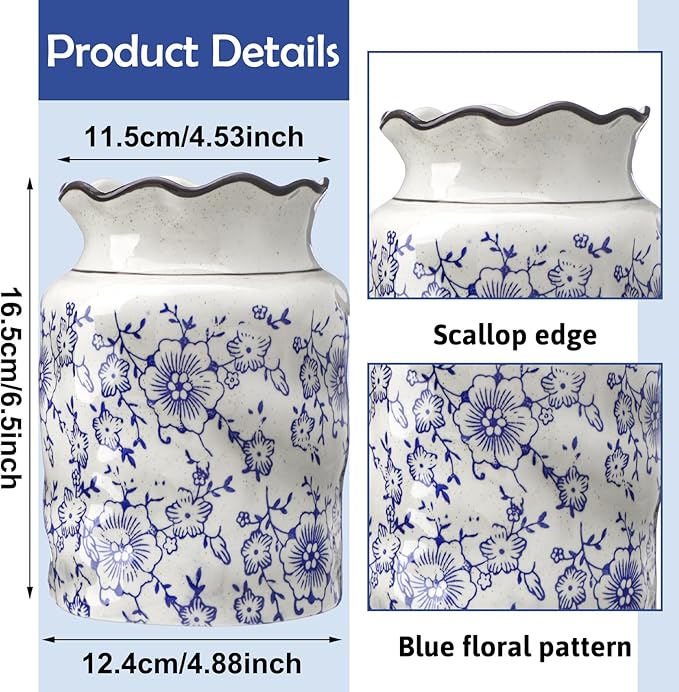 LemonRoad Chinoiserie Floral Ceramic Utensil Holder Blue and White Floral Cooking Utensil Crock with Scalloped Edge Vintage Chinese Style Organizer Vase Decor for Kitchen Countertop Housewarming Gift