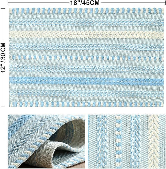 Artoid Mode Sky Blue Farmhouse Woven Braided Stripe Placemats Set of 6,12x18 Inch Seasonal Holiday Table Mats Party Kitchen Dining Decoration