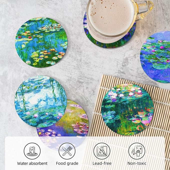 Monet Water Lilies Drinks Absorbent Coasters with Holder Set of 6, Coffee Table Decor, Ceramic Stone Coaster with Cork Base Tabletop Protection Mat for Mugs and Cups,Office,Kitchen