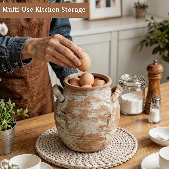 Rustic Kitchen Utensil Holder with Handle, 7" Ceramic Farmhouse Stable Utensil Crock for Countertop, Vintage Cooking Tool Organizer & Spatula Holder For Kitchen Decor (Light Embroidery Hue)