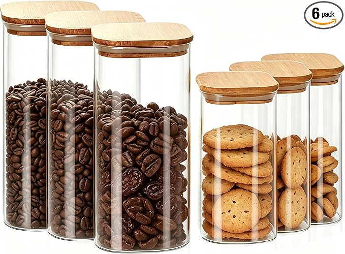68 ounces (set of 3) and 32 ounces (set of 3), transparent glass containers with airtight bamboo lids — ideal for storing overnight oats, coffee, spices, candies, flour, etc.,