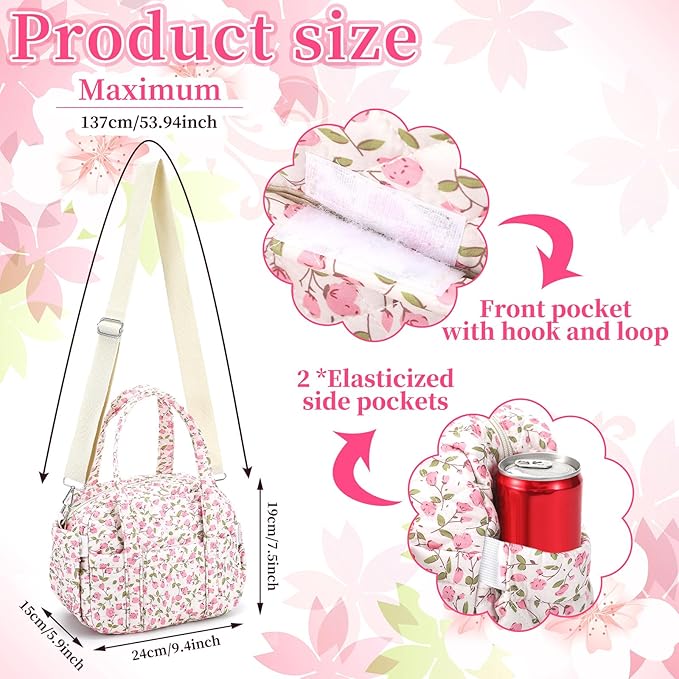 Zhehao Cute Lunch Bag for Women Large Quilted Insulated Lunch Box with Shoulder Strap, Crossbody Portable Leakproof Cooler Tote Bag for Adult Work Teacher Staff Office Travel Picnic(Pink Flower)