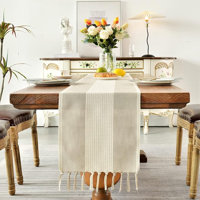 Wracra Linen Table Runner, Farmhouse Macrame Table Runners 108 Inches Long for Dining Table Decor, Wedding, Party and Dresser Decor (Light Coffee,108")