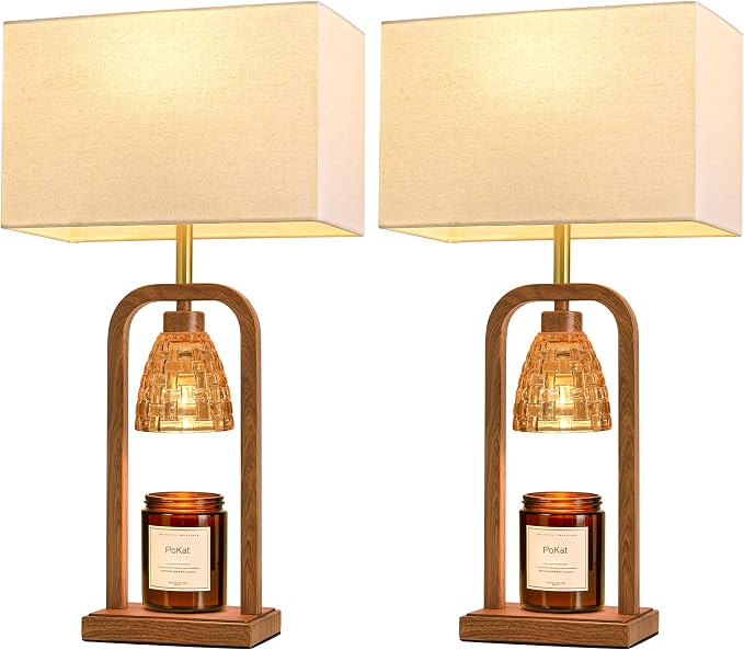 PoKat Electric Candle Warmer Lamps Gold, Lamp Candle Warmers with Timer Dimmer, Wax Light Warming Table Lamps Set of 2 for Jar Candles, Modern Bedside Lamp for Home Decor Living Room, Bulb Included