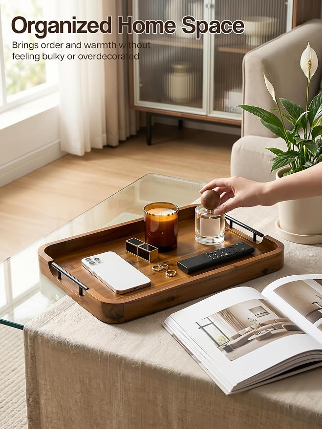 TIDITA Large Serving Tray with Handles - 20”x14” Rectangle Ottoman Tray, Wooden Tray for Ottoman, Wooden Ottoman Tray for Living Room - Decorative Trays for Coffee Table with Round Edge for Breakfast