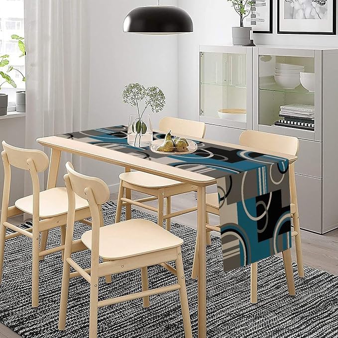 Modern Geometric Table Runner Abstract Teal Black Gray White Minimalist Contemporary Geometry Circle Swirls Dinner Runner for Kitchen Dining Holiday Party Decor 13x60in
