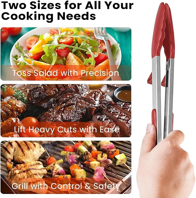 Kitchen Tongs Set of 2 (9” & 12”) – Stainless Steel & Silicone Cooking Tongs with Built-in Stand & Dishwasher Safe – Heat Resistant up to 600°F – Perfect for Grilling, BBQ, Salad & Frying