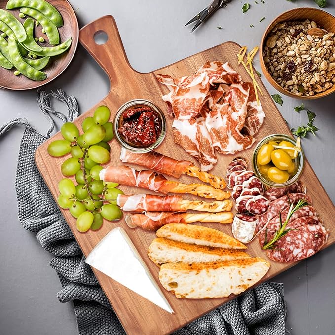 Large Acacia Wood Cutting Board with Handle Wooden Charcuterie Board Kitchen Chopping Block for Meat Cheese Vegetable Bread Fruit Serving Boards Wood Butcher Block Carving Board, 17" X 13"