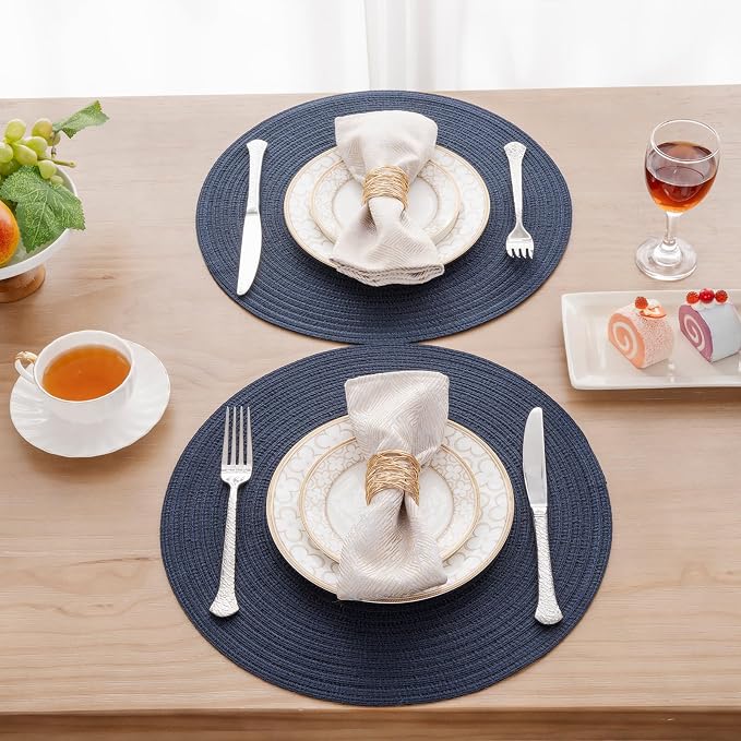 SHACOS 15 inch Round Placemats Set of 12 for Dining Table Braided Circle Place Mats Kitchen Table Placemat Washable Table Mats, Navy Blue
